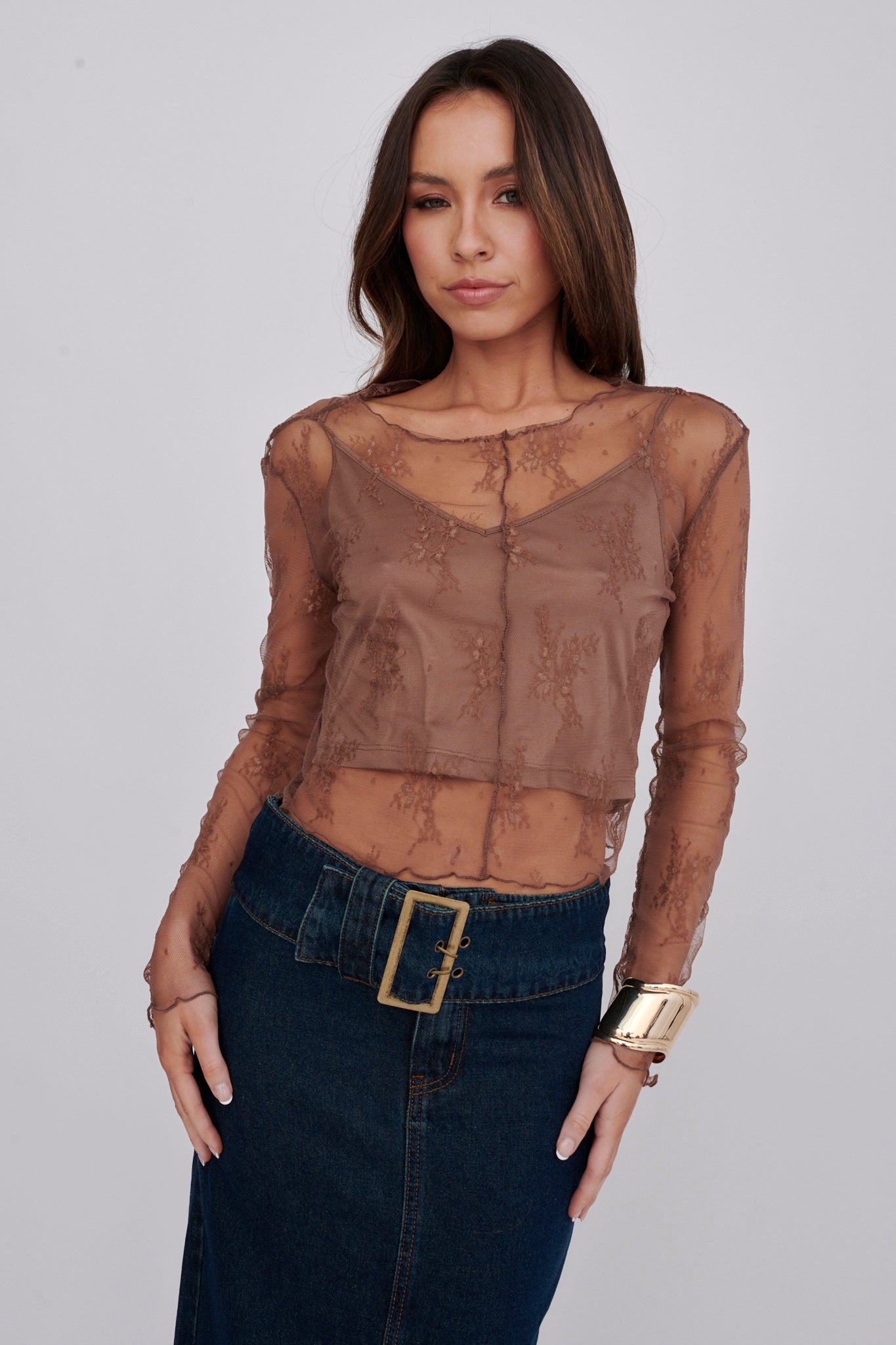Genovia Long Sleeve Lace Top Brown by Selfie Leslie Australia