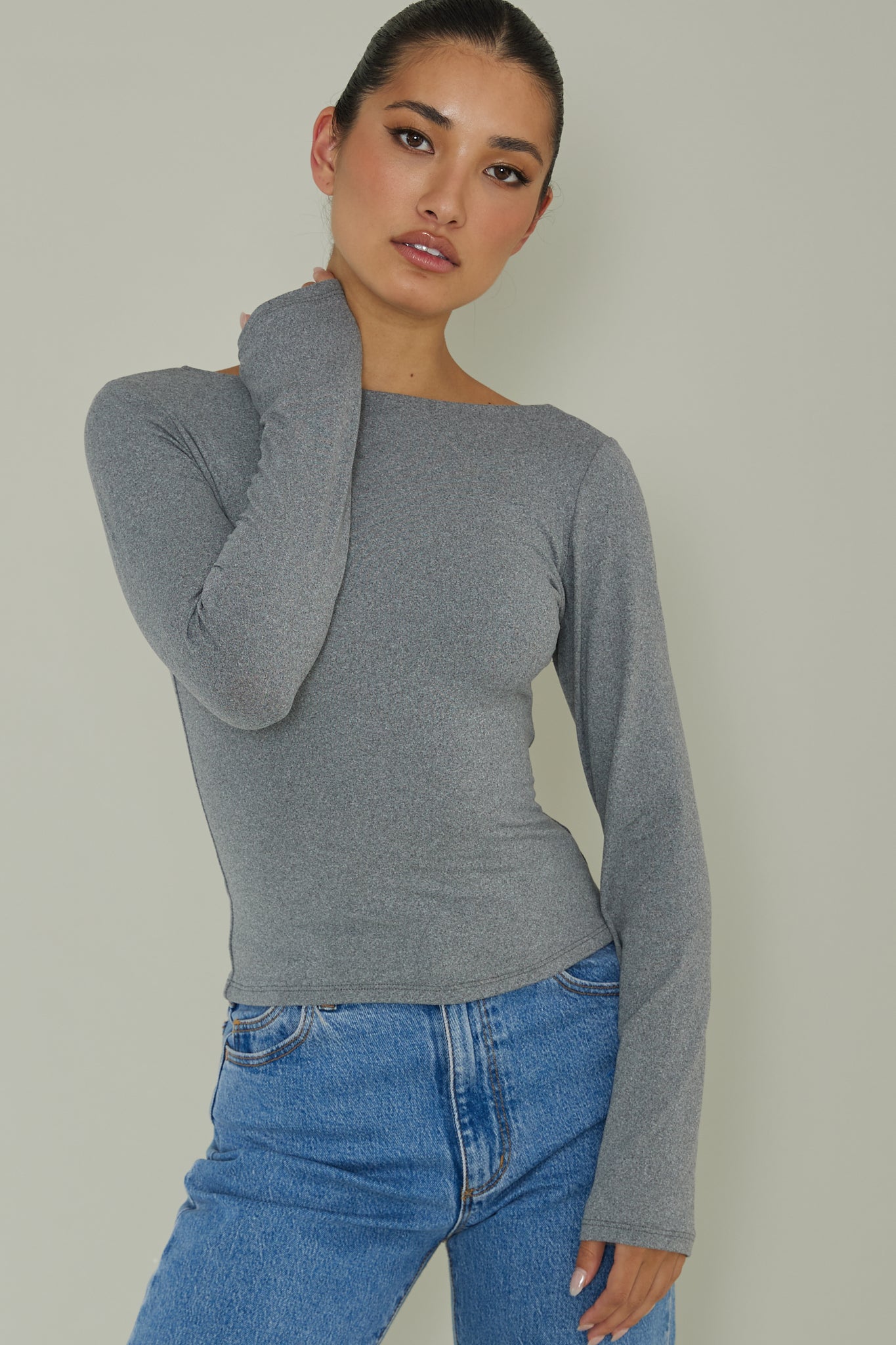 Cheers Boat Neck Long Sleeve Top Grey by Selfie Leslie Australia