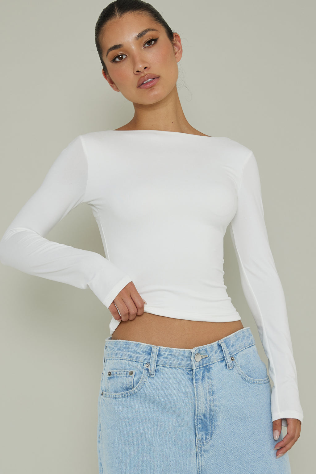 Cheers Boat Neck Long Sleeve Top Ivory by Selfie Leslie Australia