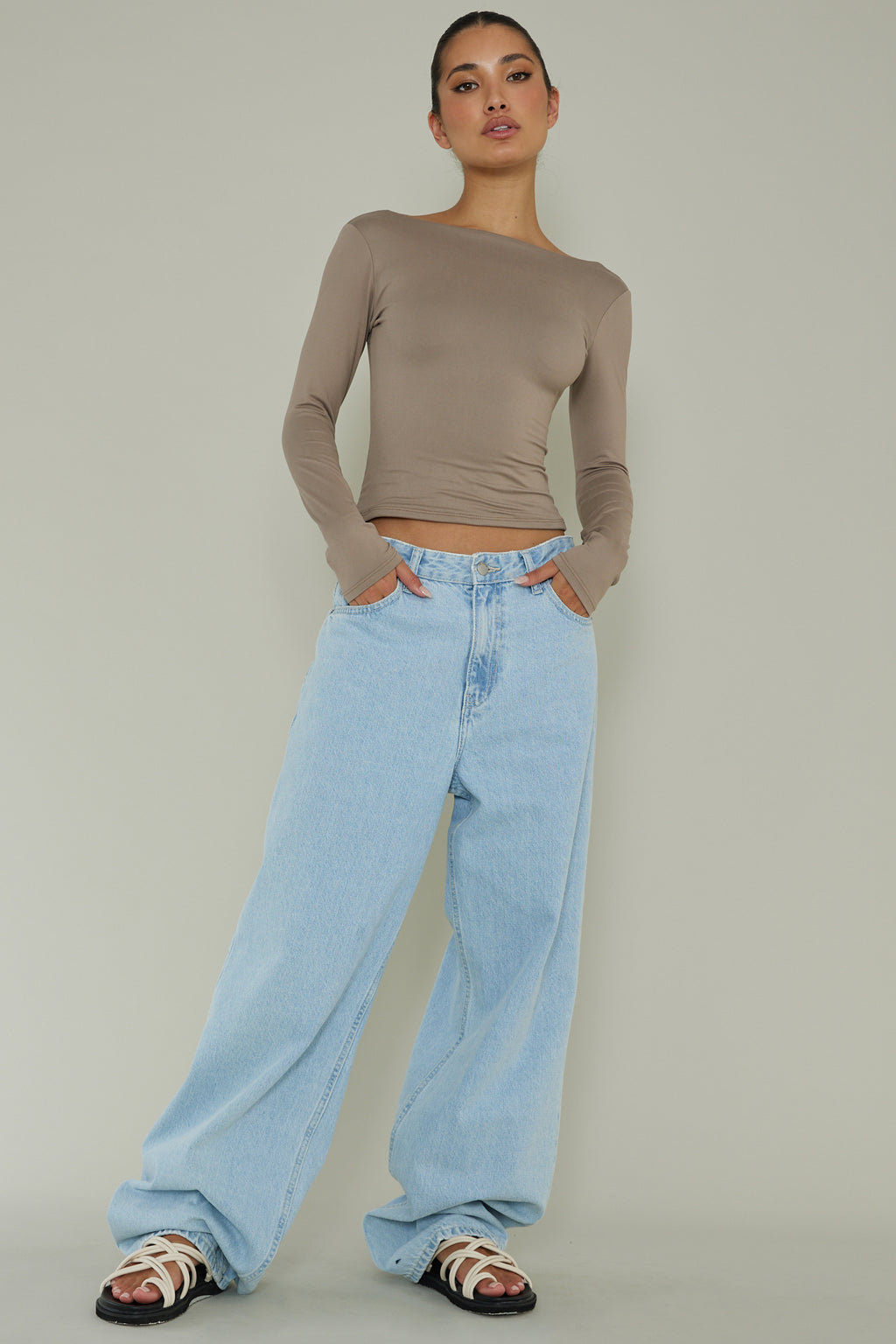 Cheers Boat Neck Long Sleeve Top Stone by Selfie Leslie Australia