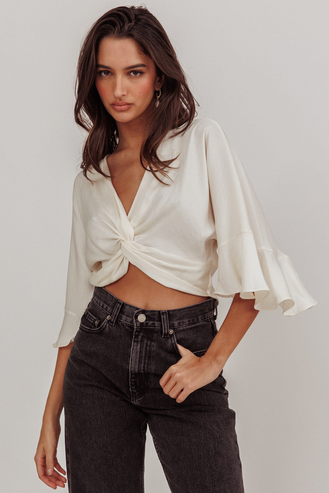 Rejoice Flounce Sleeve Knot Top Ivory by Selfie Leslie Australia