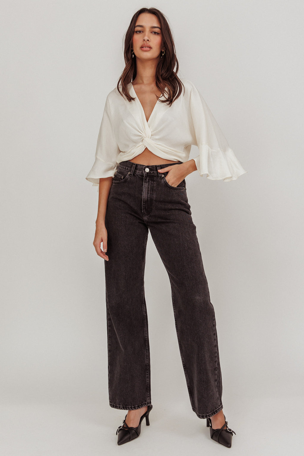 Rejoice Flounce Sleeve Knot Top Ivory by Selfie Leslie Australia
