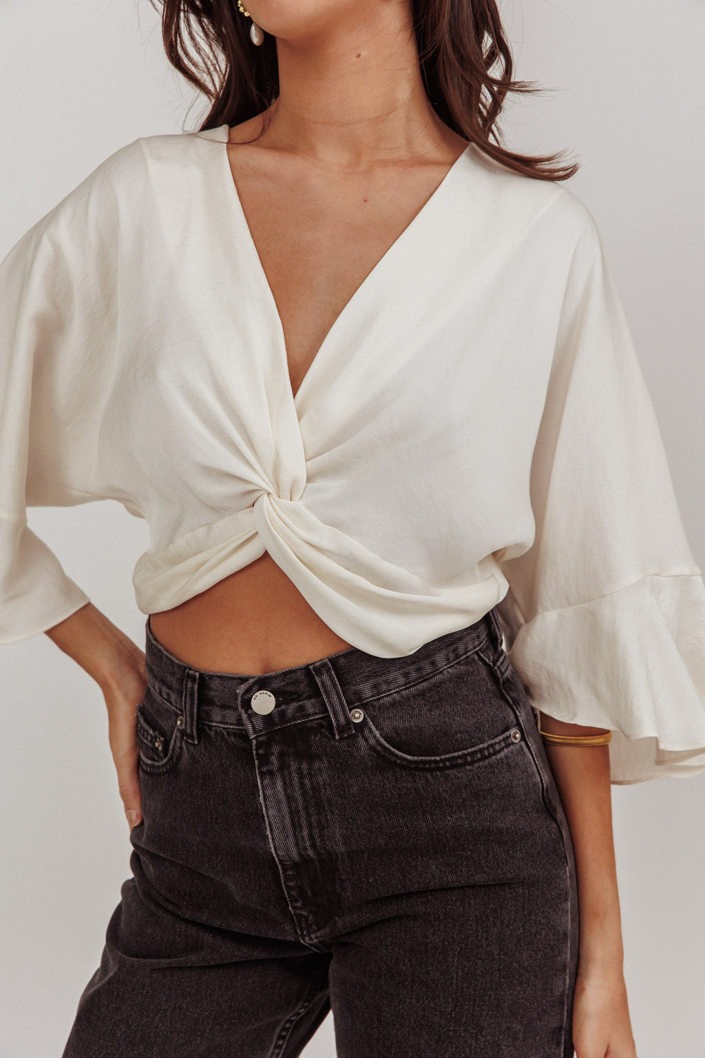 Rejoice Flounce Sleeve Knot Top Ivory by Selfie Leslie Australia