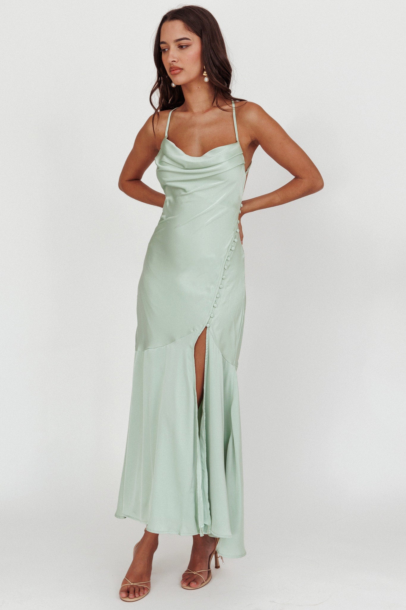 Elpis Cowl Button Satin Maxi Dress Mint by Selfie Leslie Australia