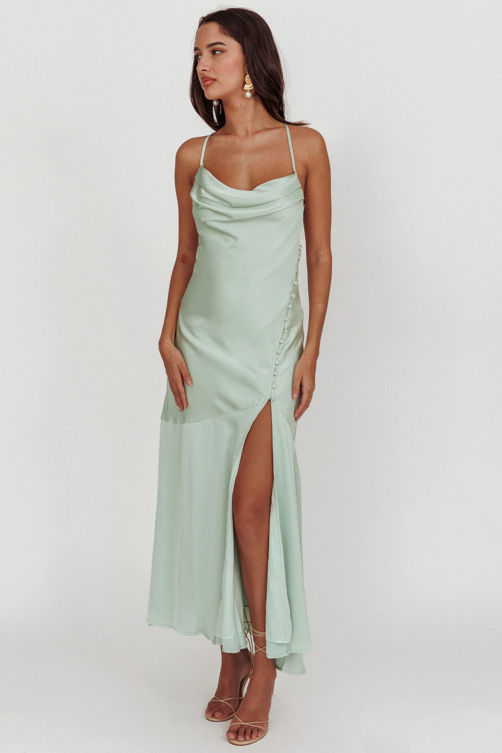 Elpis Cowl Button Satin Maxi Dress Mint by Selfie Leslie Australia