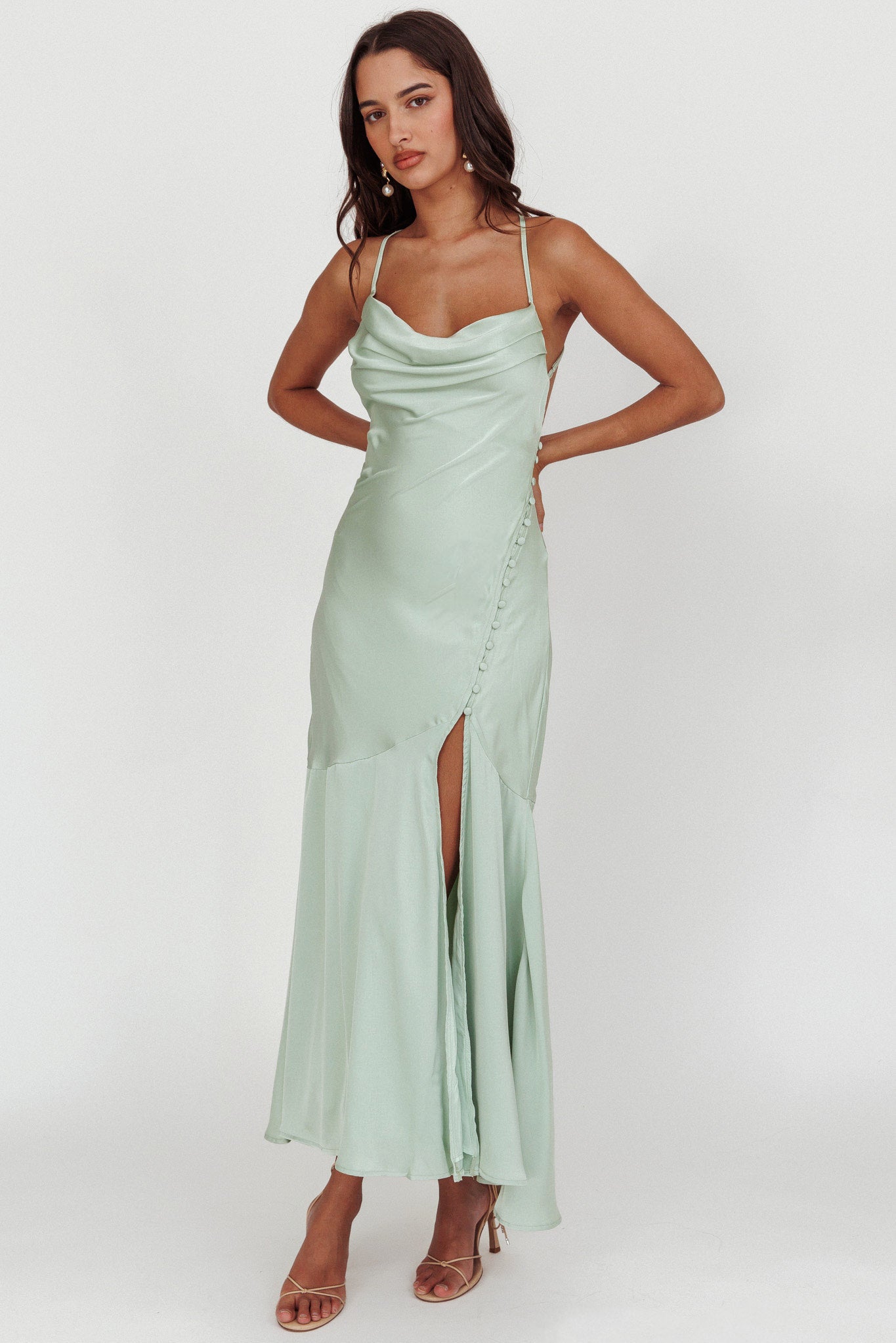 Elpis Cowl Button Satin Maxi Dress Mint by Selfie Leslie Australia