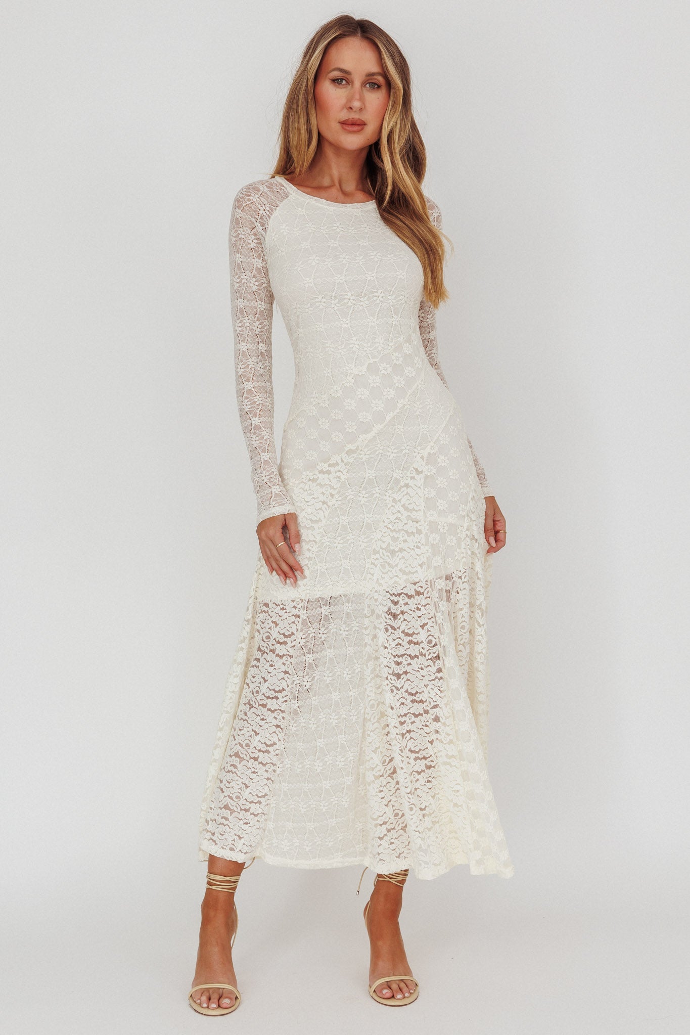 Tarly Long Sleeve Lace Maxi Dress Cream by Selfie Leslie Australia
