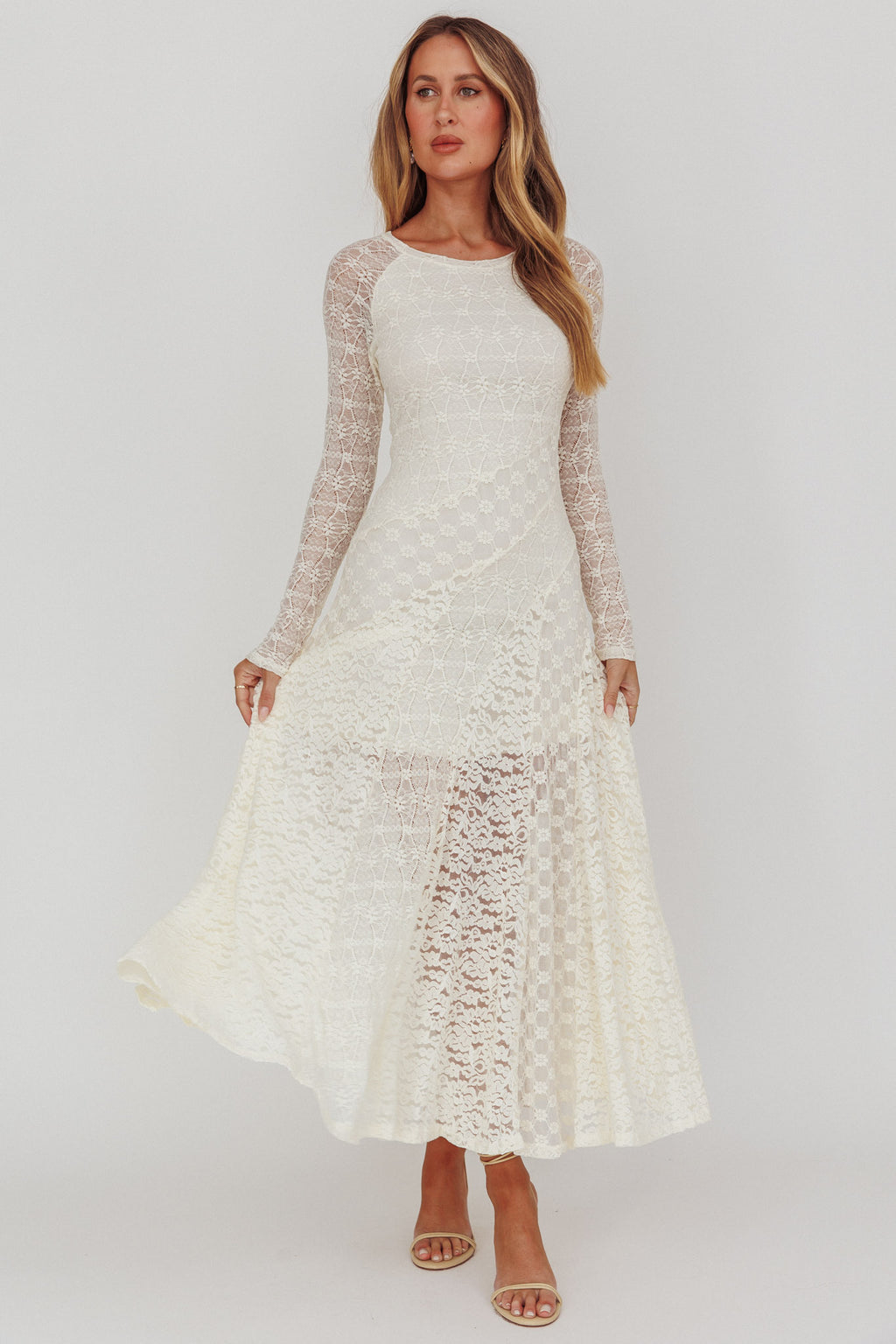 Tarly Long Sleeve Lace Maxi Dress Cream by Selfie Leslie Australia