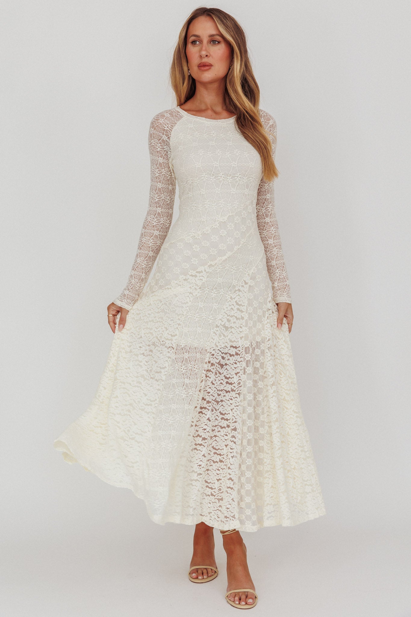 Tarly Long Sleeve Lace Maxi Dress Cream by Selfie Leslie Australia