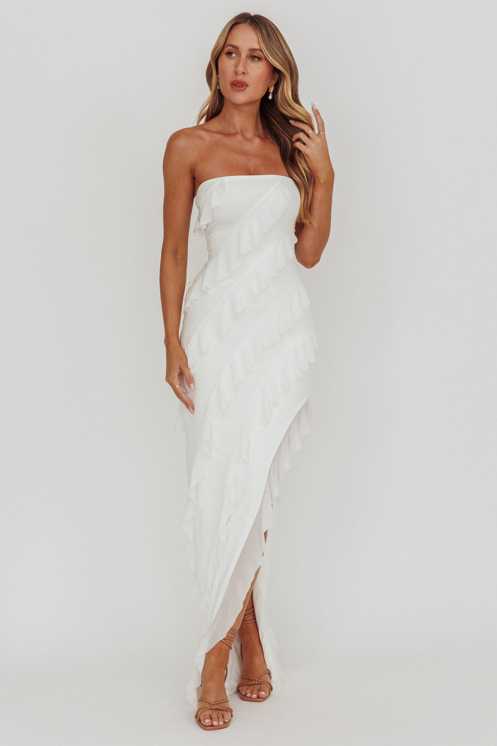 Just Friends Strapless Ruffle Maxi Dress Off White by Selfie Leslie Australia