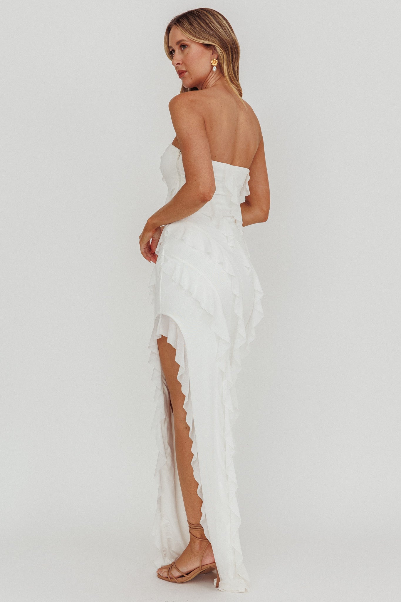 Just Friends Strapless Ruffle Maxi Dress Off White by Selfie Leslie Australia