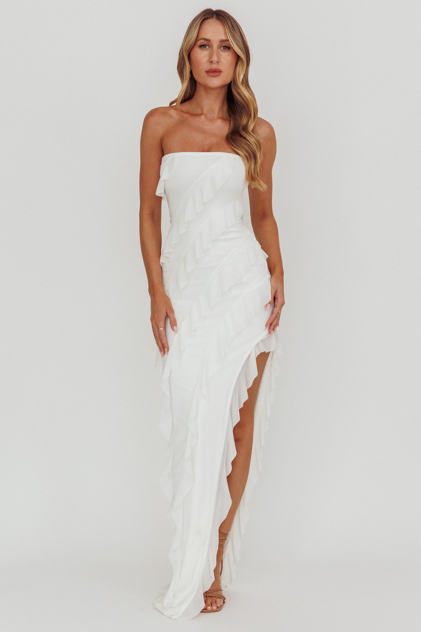 Just Friends Strapless Ruffle Maxi Dress Off White by Selfie Leslie Australia