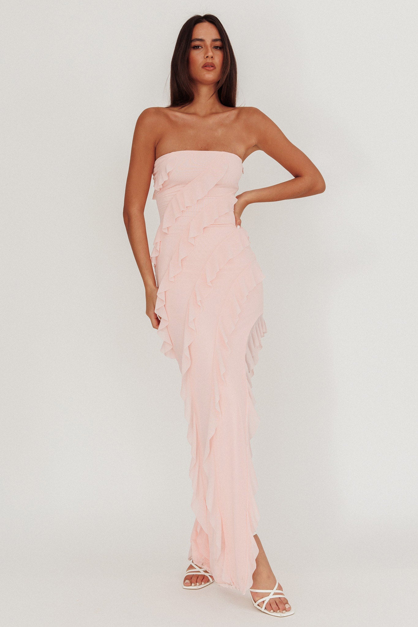 Just Friends Strapless Ruffle Maxi Dress Light Pink by Selfie Leslie Australia