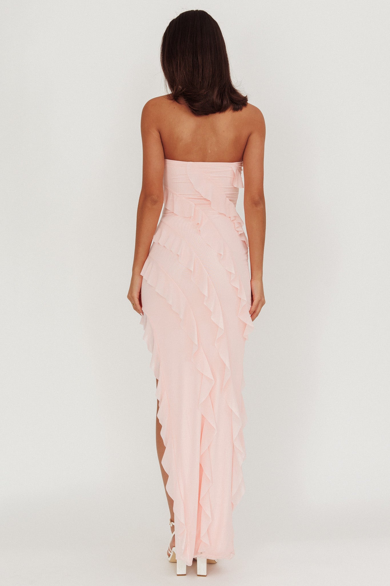 Just Friends Strapless Ruffle Maxi Dress Light Pink by Selfie Leslie Australia