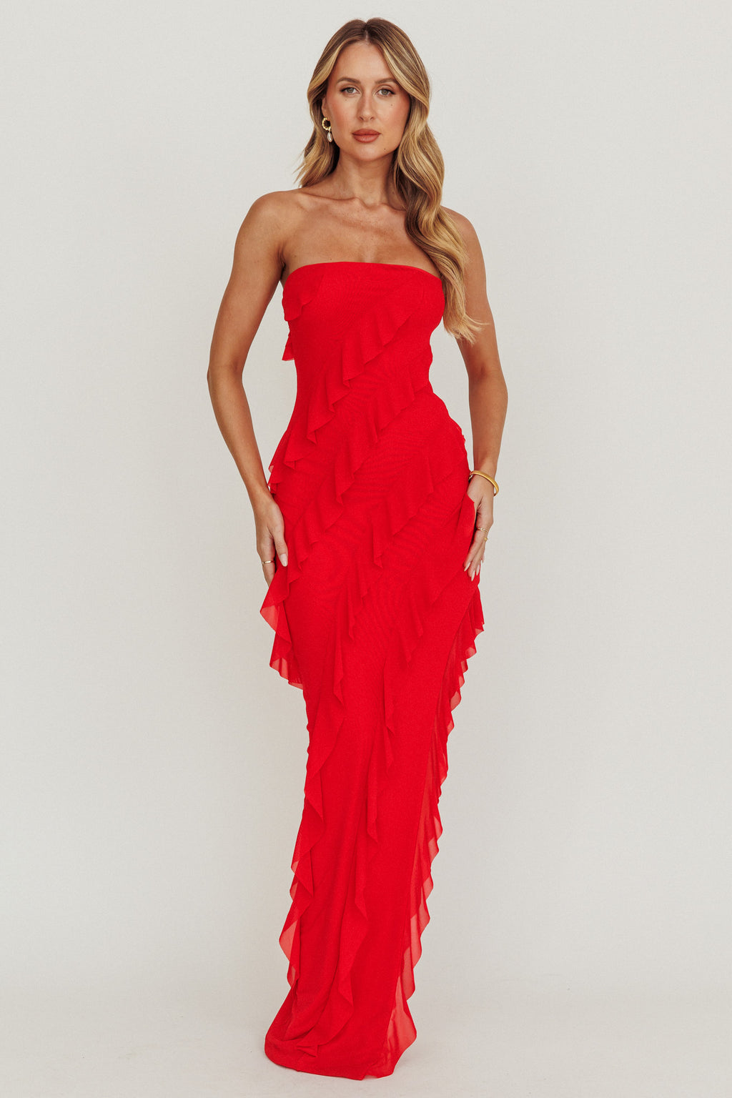 Just Friends Strapless Ruffle Maxi Dress Red by Selfie Leslie Australia