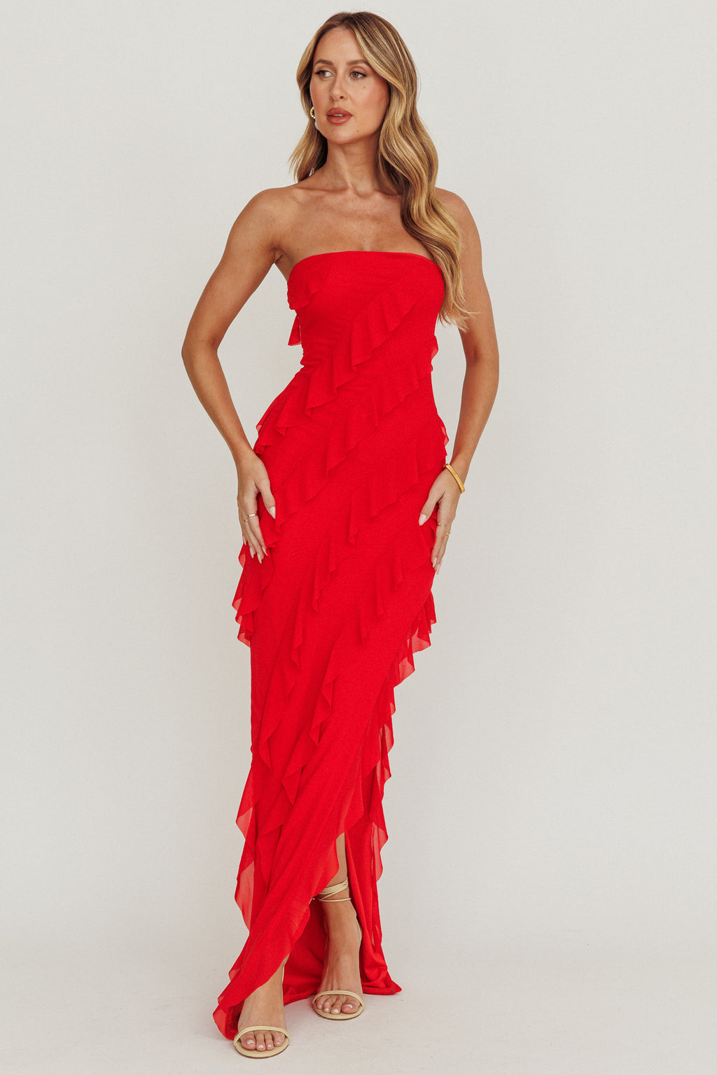 Just Friends Strapless Ruffle Maxi Dress Red by Selfie Leslie Australia