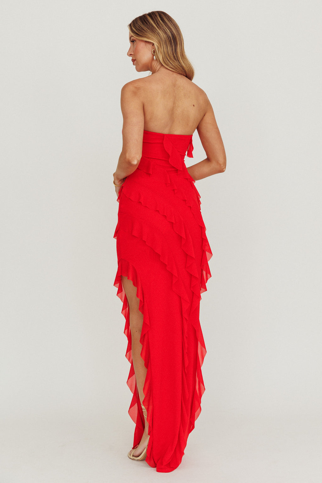 Just Friends Strapless Ruffle Maxi Dress Red by Selfie Leslie Australia