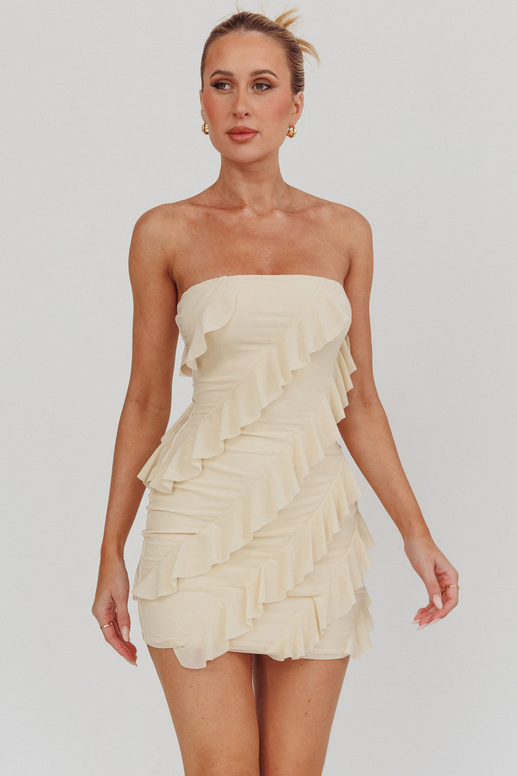 Gold Stars Strapless Ruffle Mini Dress Beige by Selfie Leslie Australia
