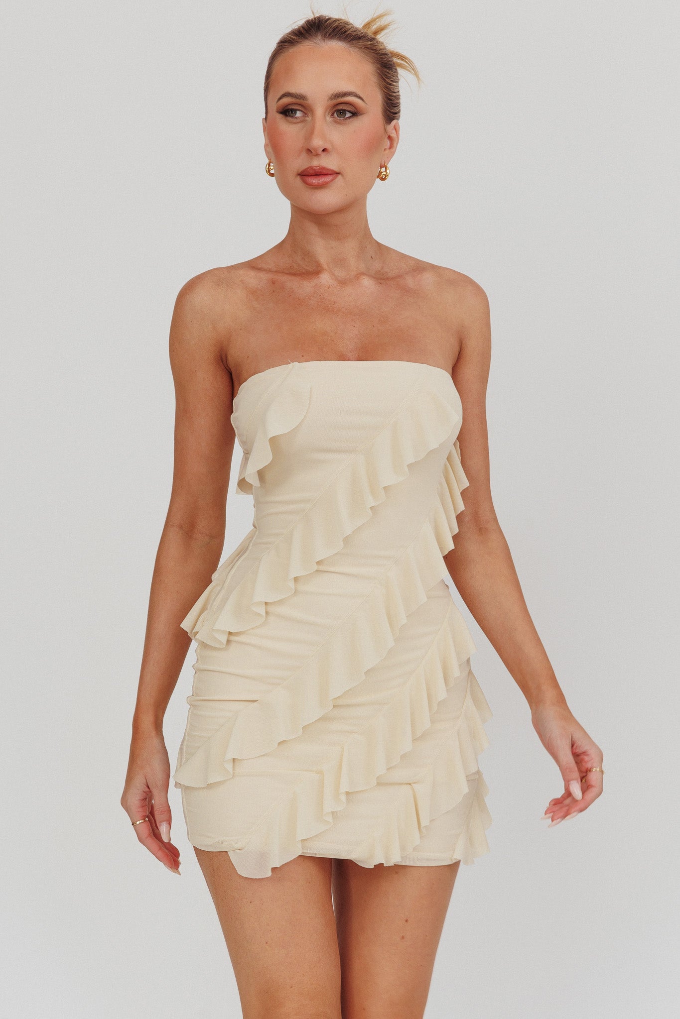 Gold Stars Strapless Ruffle Mini Dress Beige by Selfie Leslie Australia