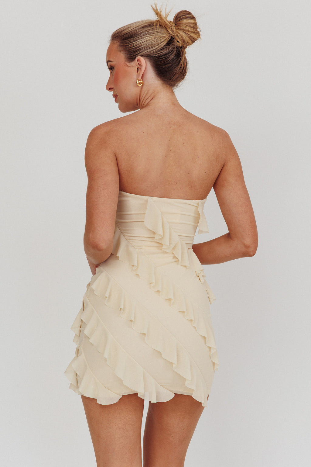 Gold Stars Strapless Ruffle Mini Dress Beige by Selfie Leslie Australia