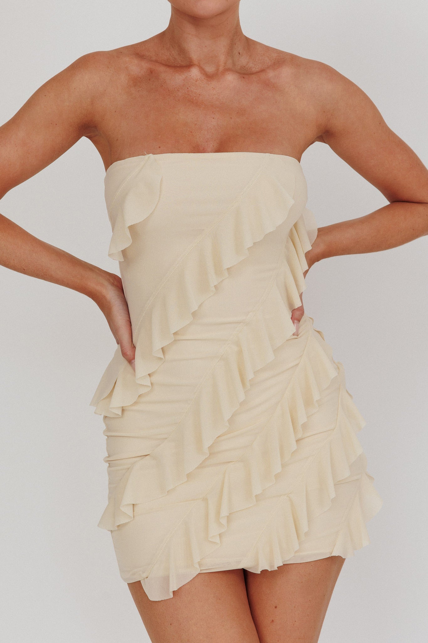 Gold Stars Strapless Ruffle Mini Dress Beige by Selfie Leslie Australia