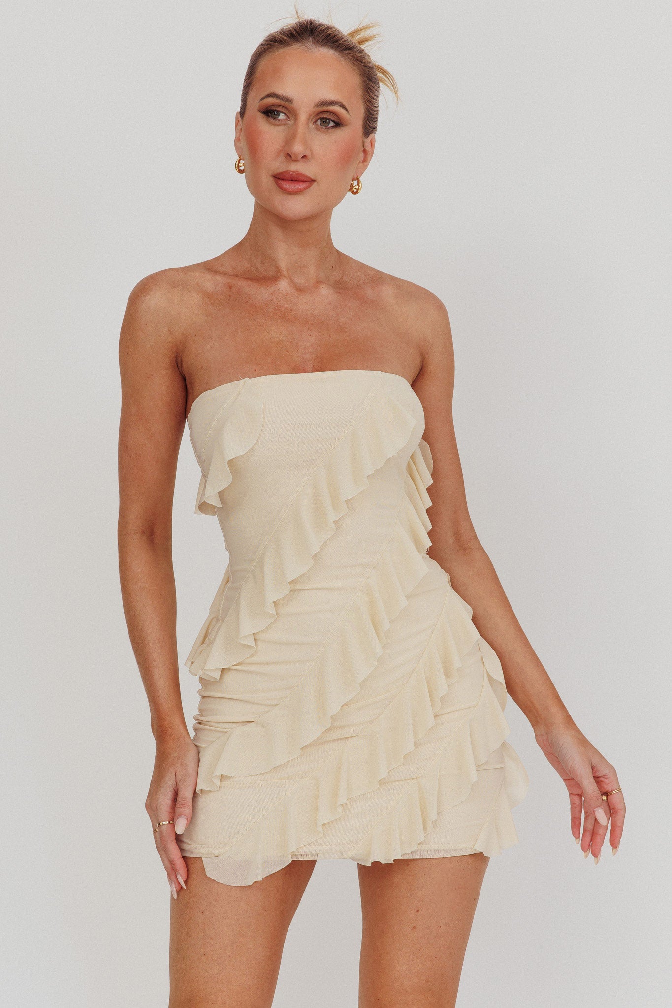Gold Stars Strapless Ruffle Mini Dress Beige by Selfie Leslie Australia