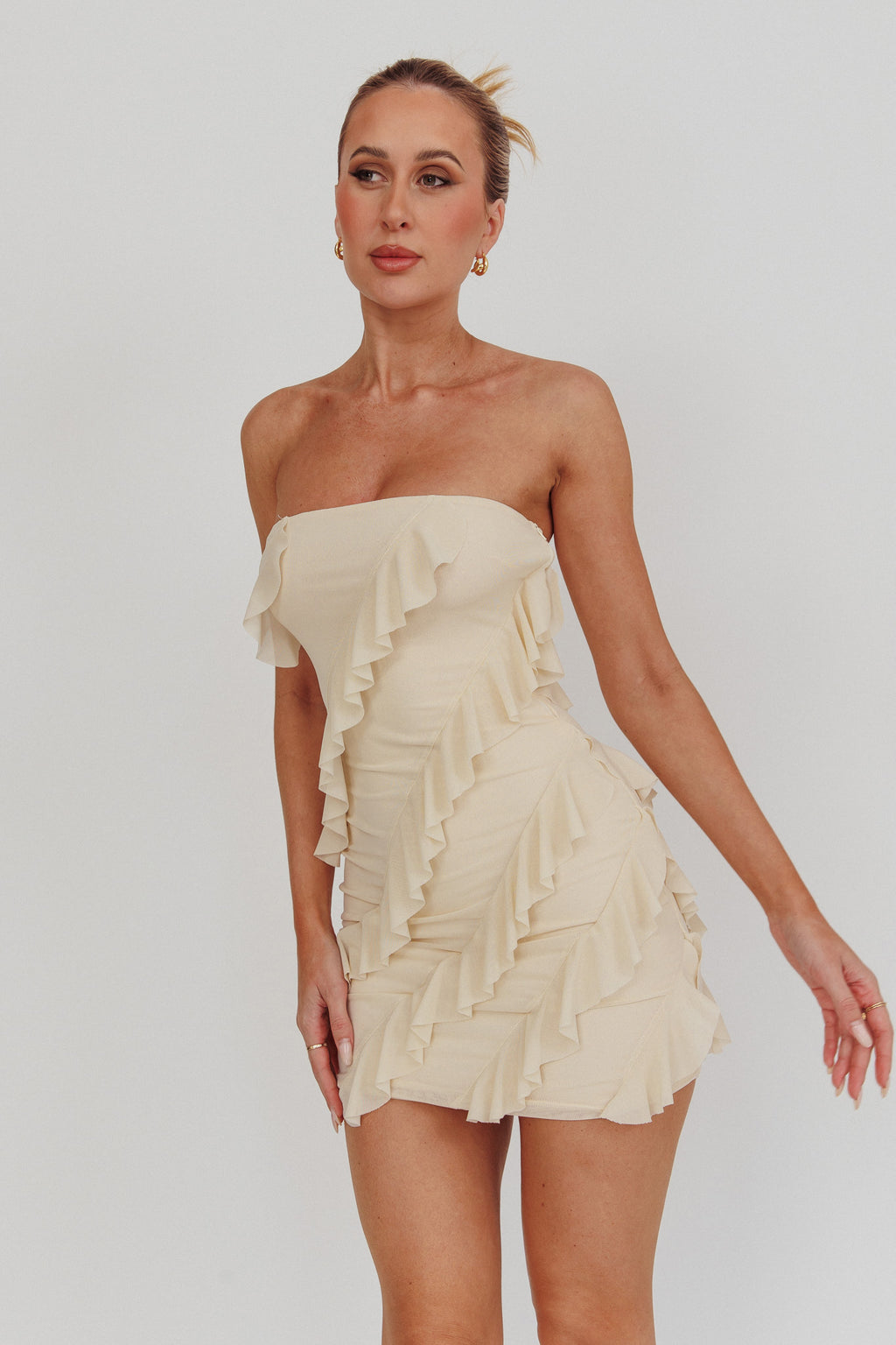 Gold Stars Strapless Ruffle Mini Dress Beige by Selfie Leslie Australia
