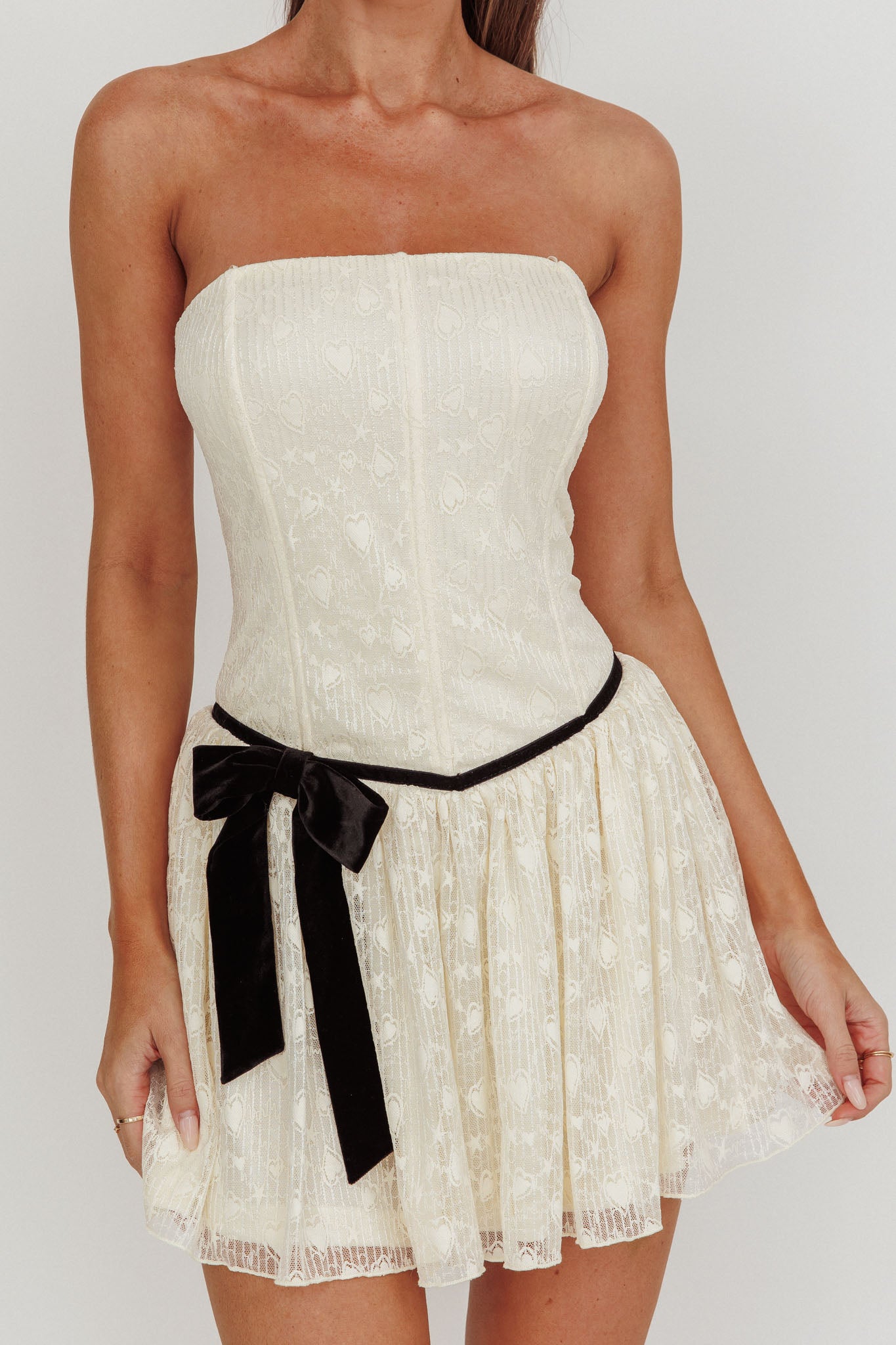 Breathe Lace Up Strapless Mini Dress Ivory by Selfie Leslie Australia