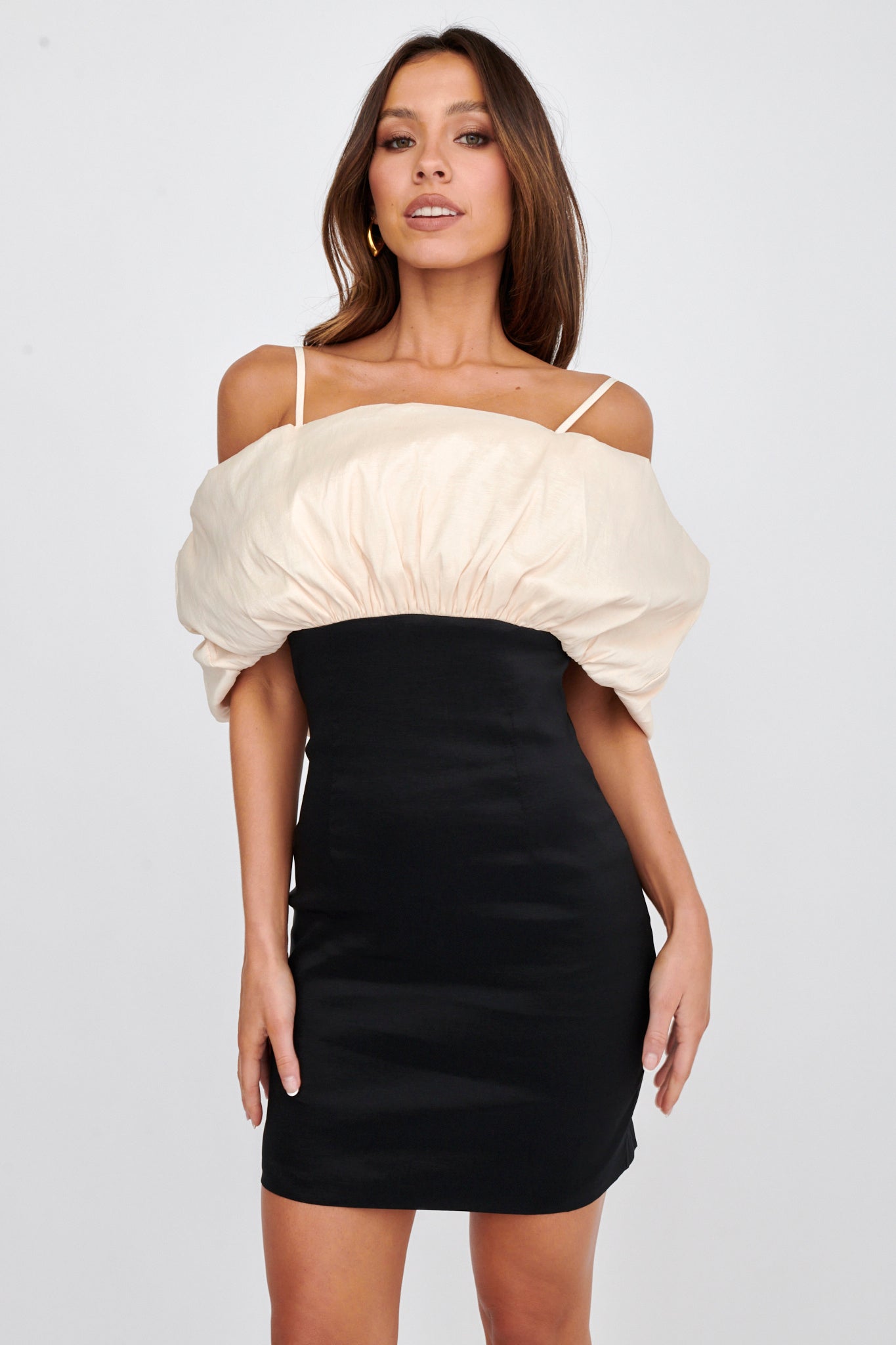 Cosima Puffed Neckline Mini Dress Black/Champagne by Selfie Leslie Australia