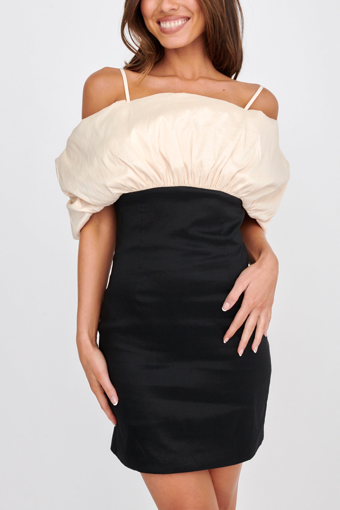 Cosima Puffed Neckline Mini Dress Black/Champagne by Selfie Leslie Australia