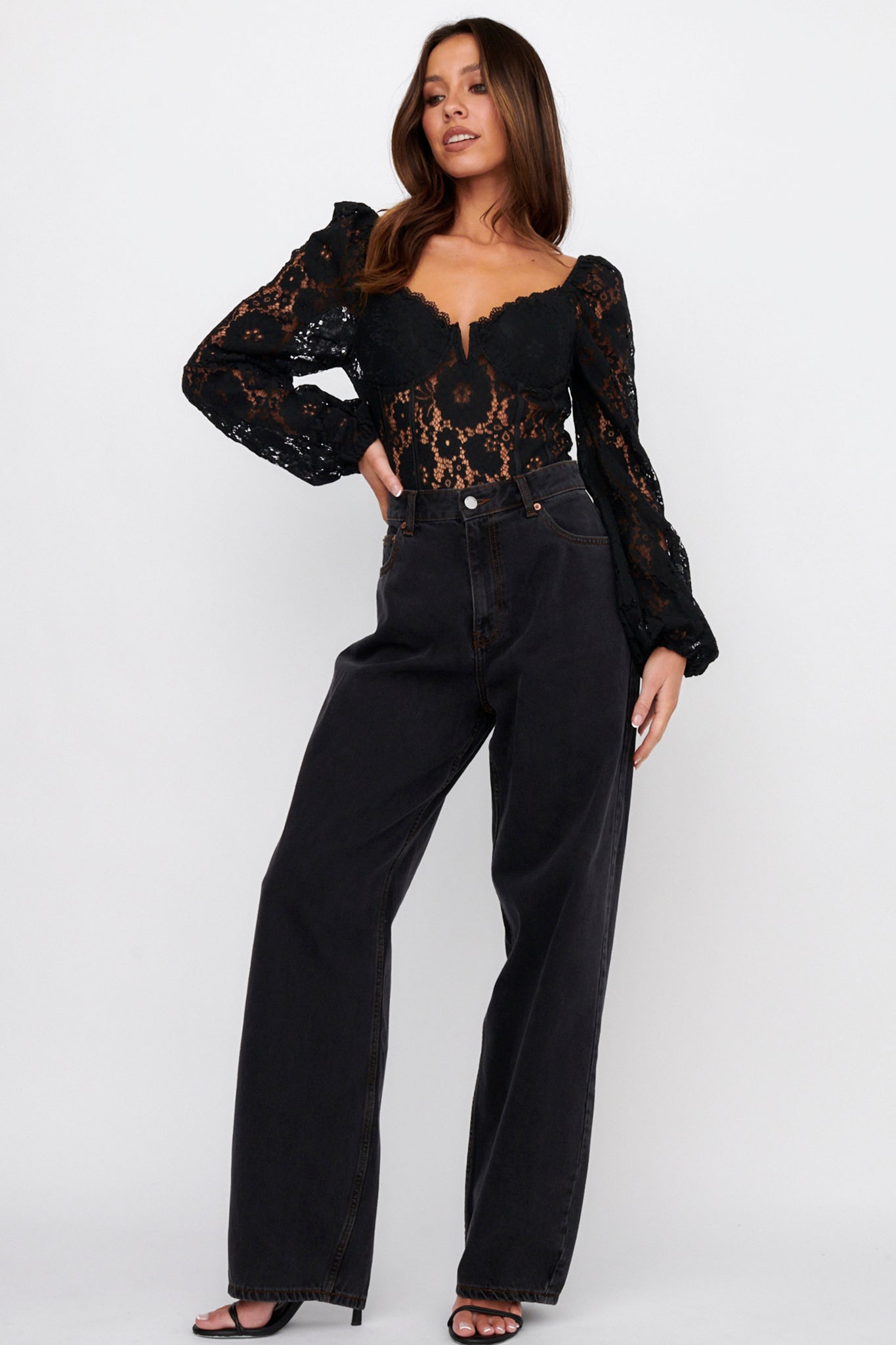 Adored Long Sleeve Lace Bodysuit Black by Selfie Leslie Australia