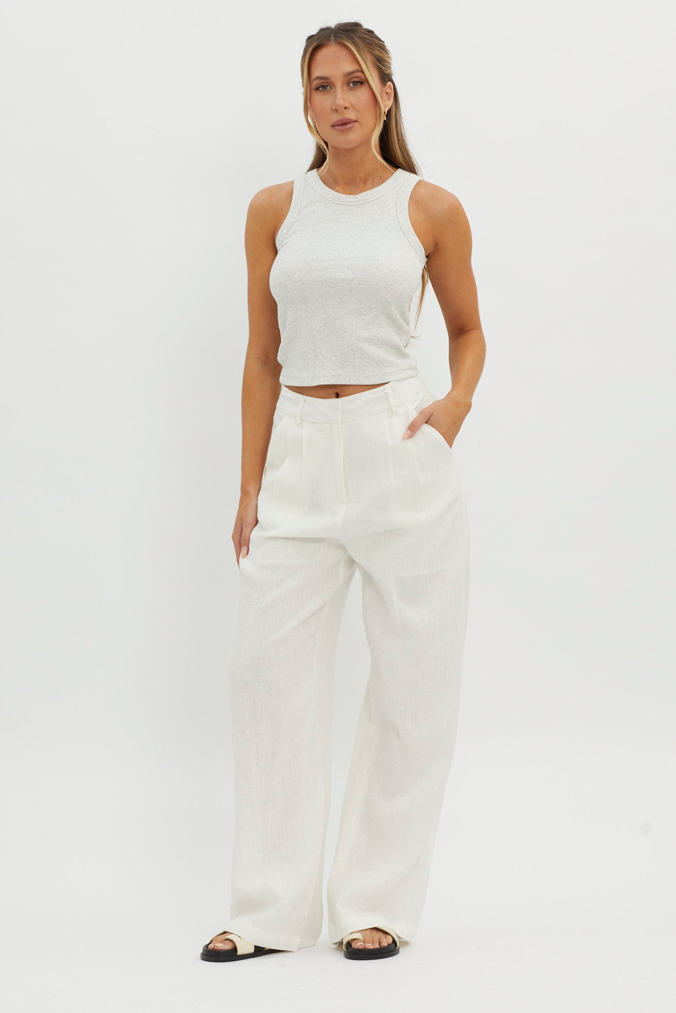 Dodie Straight Leg Trouser Pants Linen White by Selfie Leslie Australia