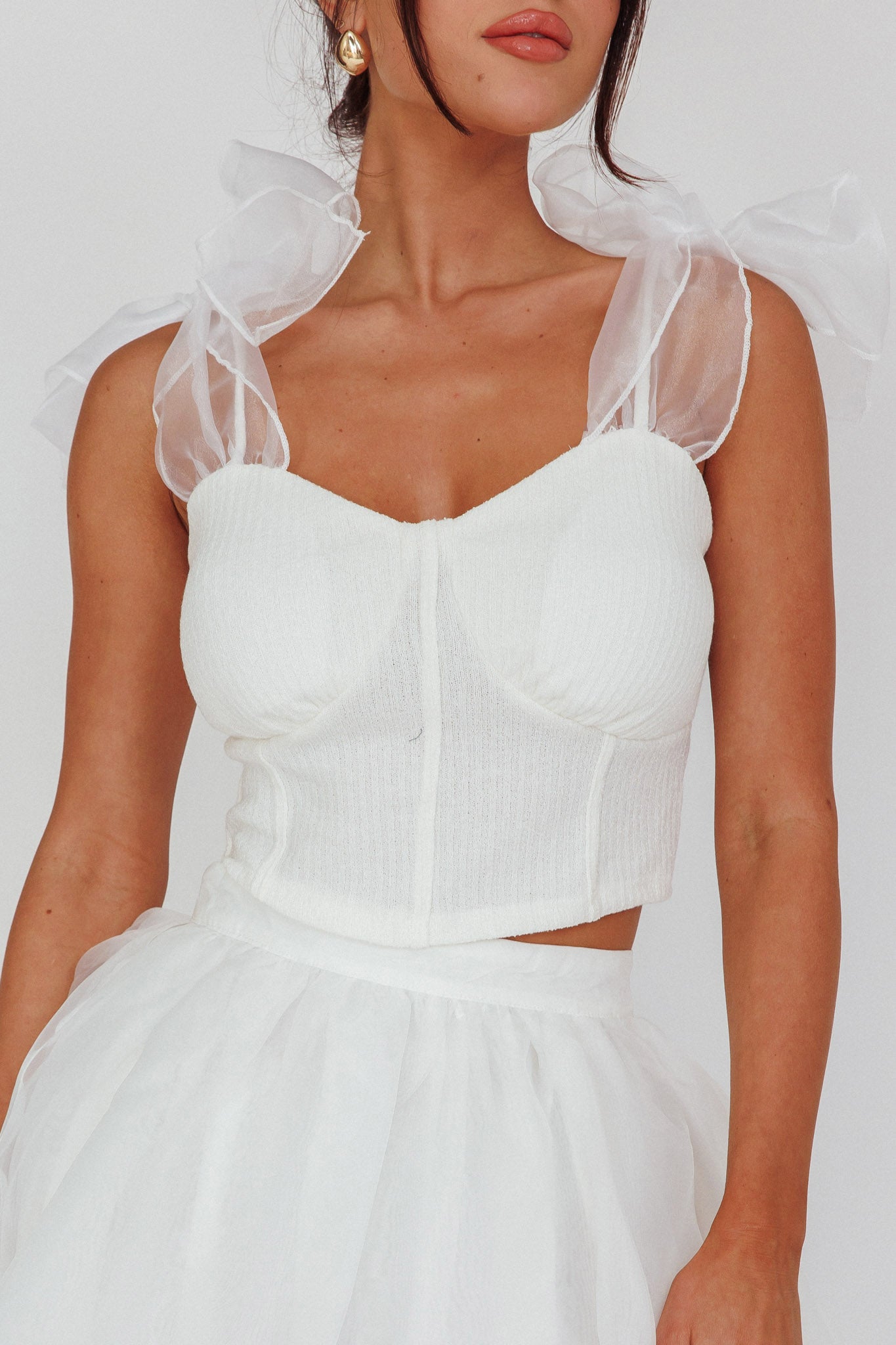 High Class Bow Shoulder Crop Top White by Selfie Leslie Australia