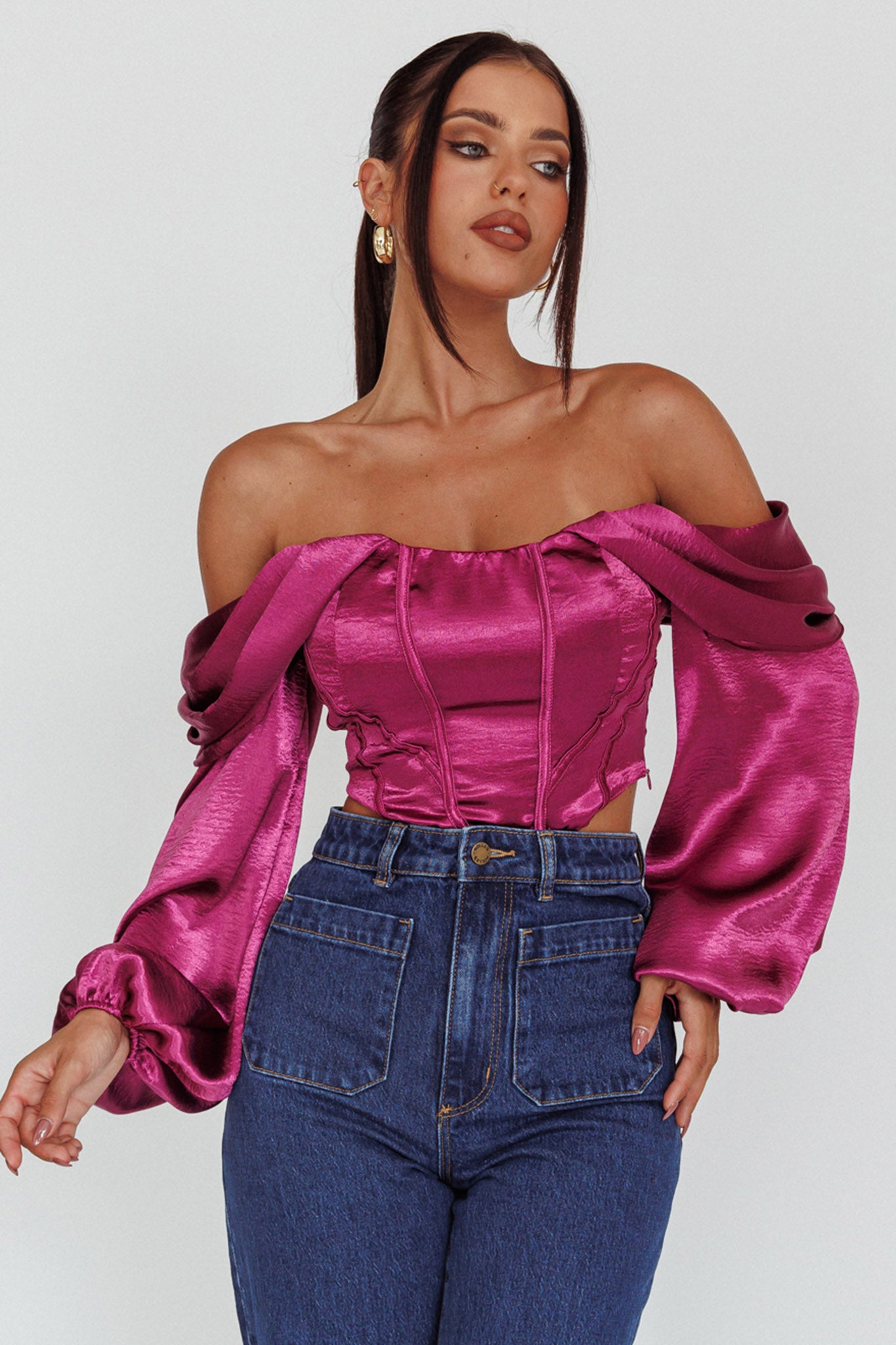 Elouise Off-Shoulder Long Sleeve Top Berry by Selfie Leslie Australia