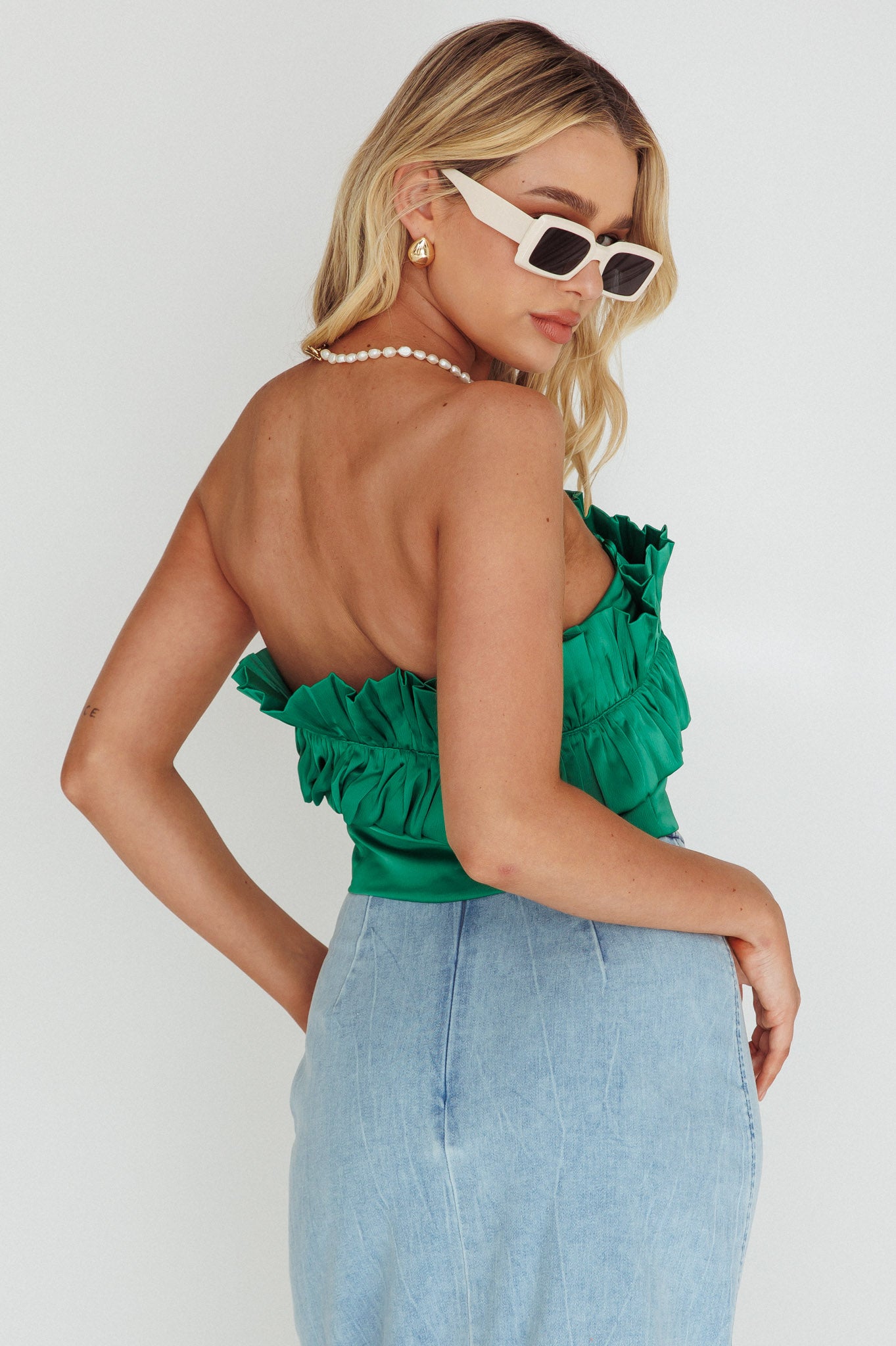 La Belle Frill Neckline Crop Top Green by Selfie Leslie Australia