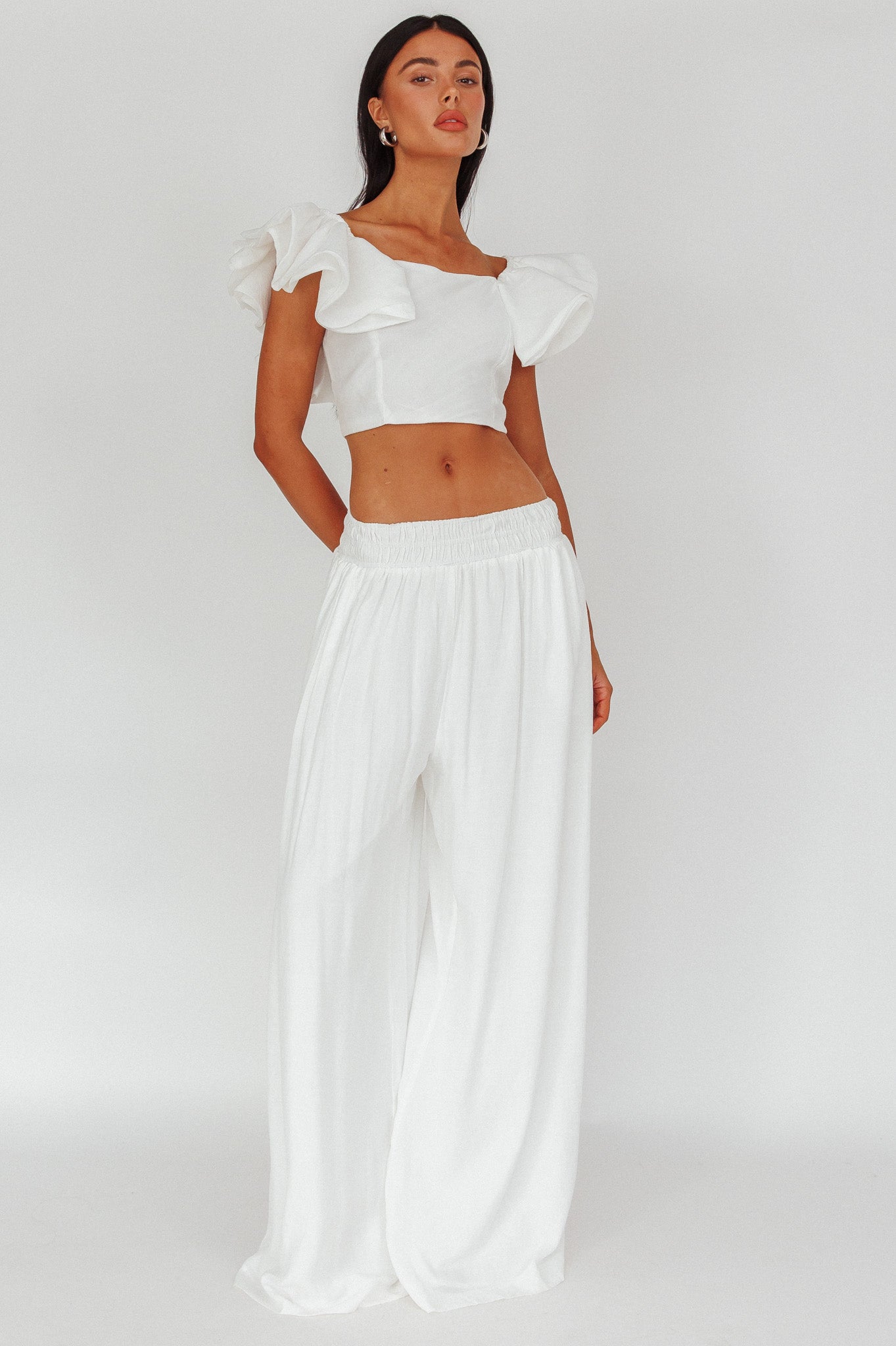 Darna Shirred Waist Wide Leg Pants Off White by Selfie Leslie Australia