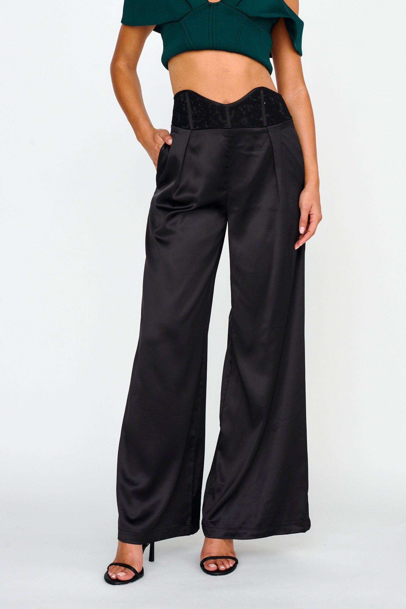 Lucky Stars Curved Waist Lace Trim Pants Black by Selfie Leslie Australia