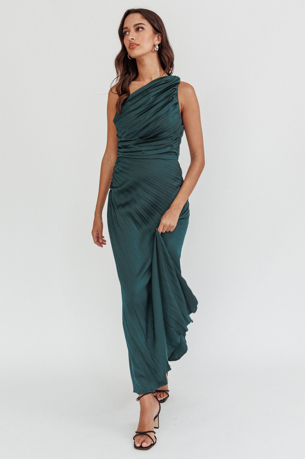 Scarlett One-Shoulder Pleat Maxi Dress Green by Selfie Leslie Australia