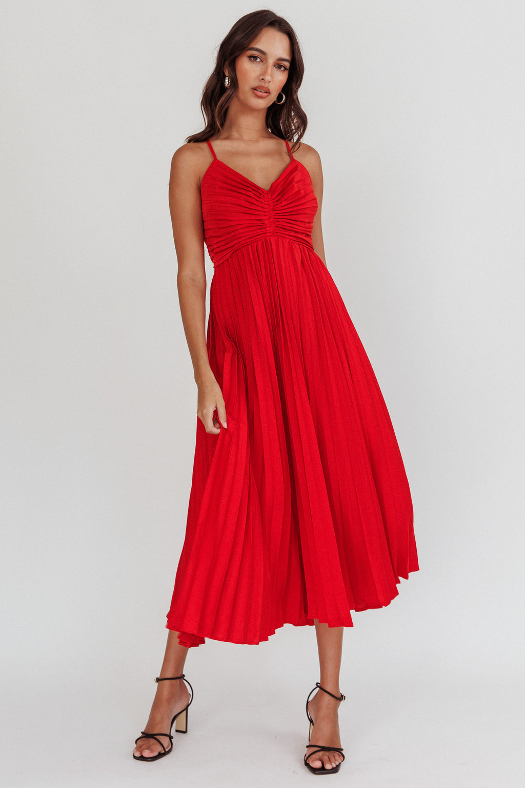 Spoken For Accordion Pleat Midi Dress Red by Selfie Leslie Australia