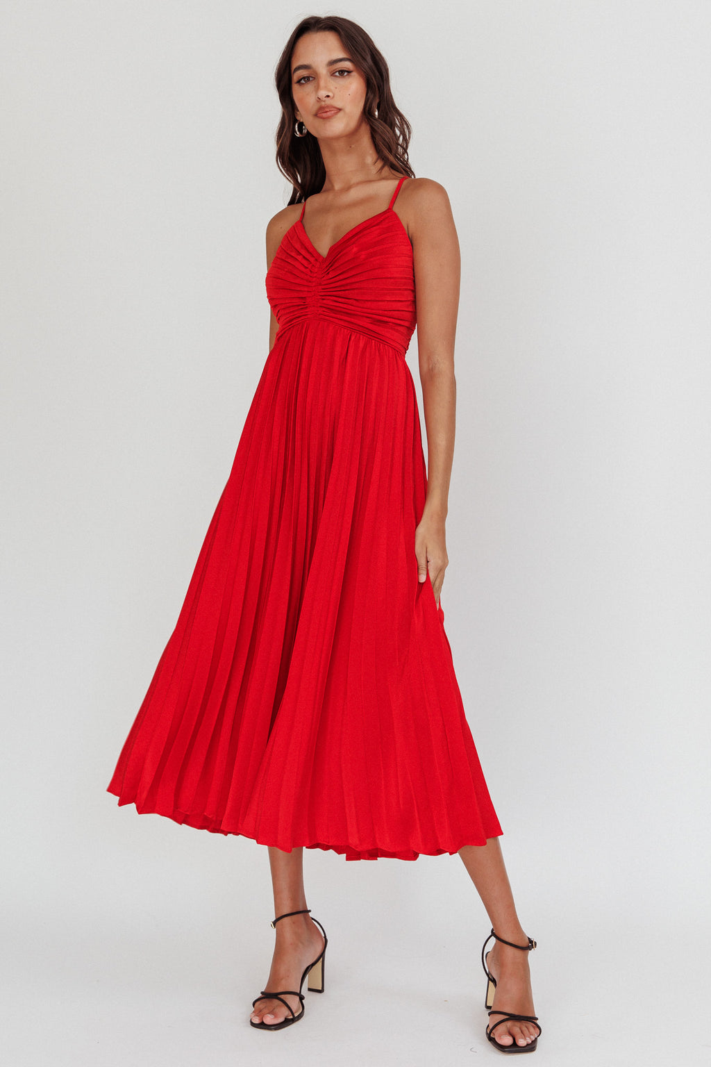 Spoken For Accordion Pleat Midi Dress Red by Selfie Leslie Australia