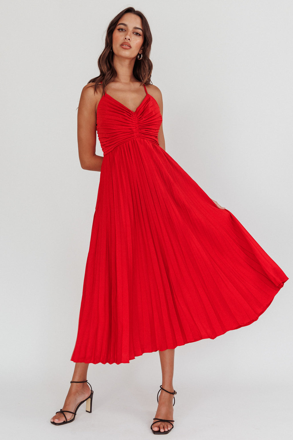 Spoken For Accordion Pleat Midi Dress Red by Selfie Leslie Australia