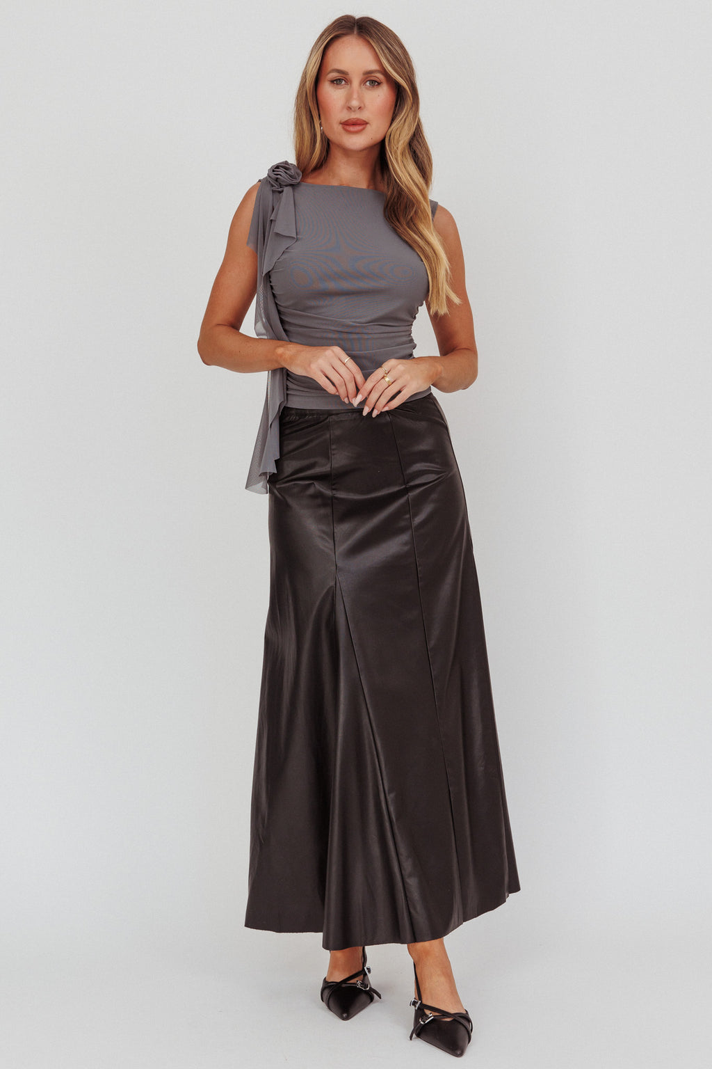 Galaxia A-Line Faux Leather Maxi Skirt Black by Selfie Leslie Australia