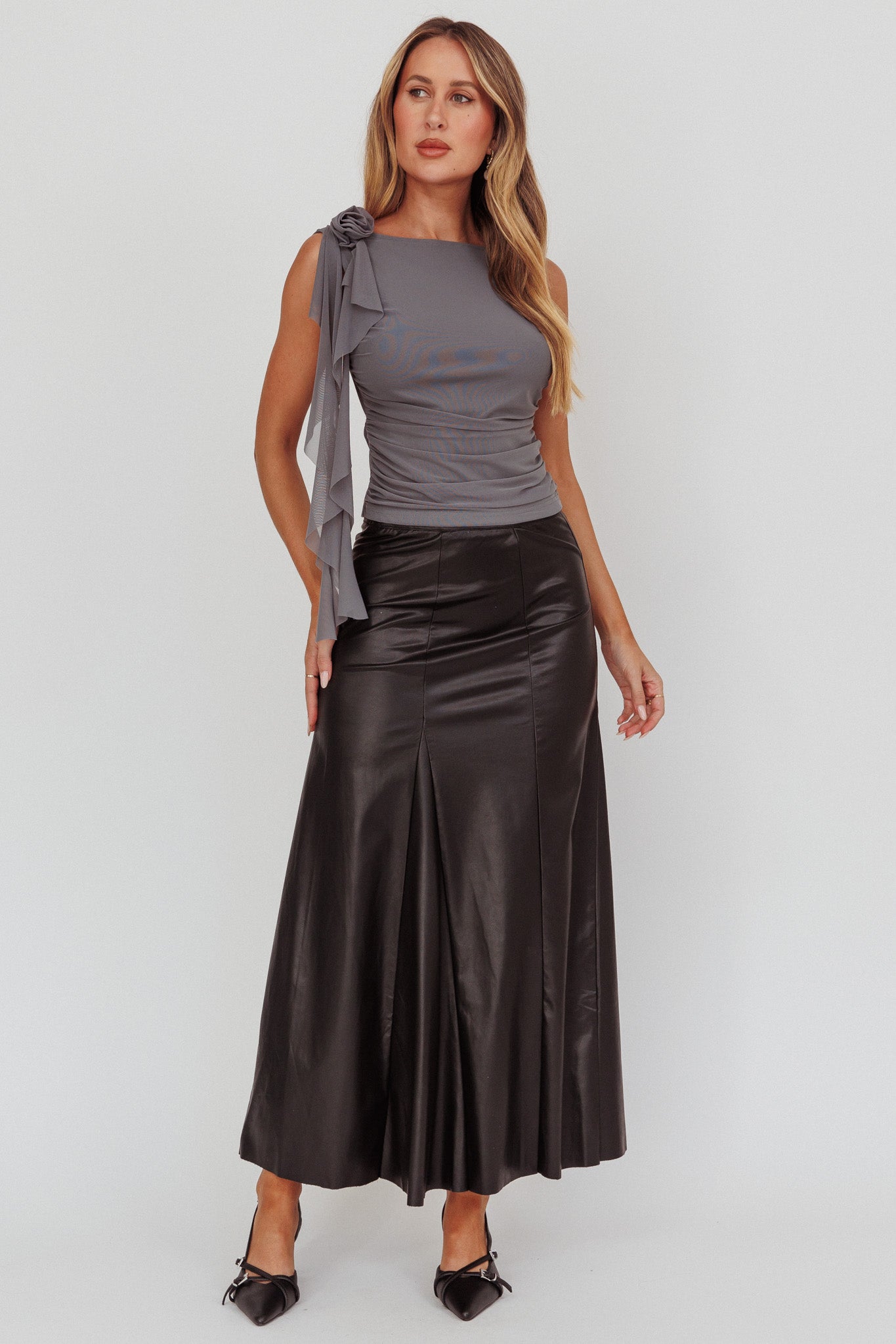 Galaxia A-Line Faux Leather Maxi Skirt Black by Selfie Leslie Australia