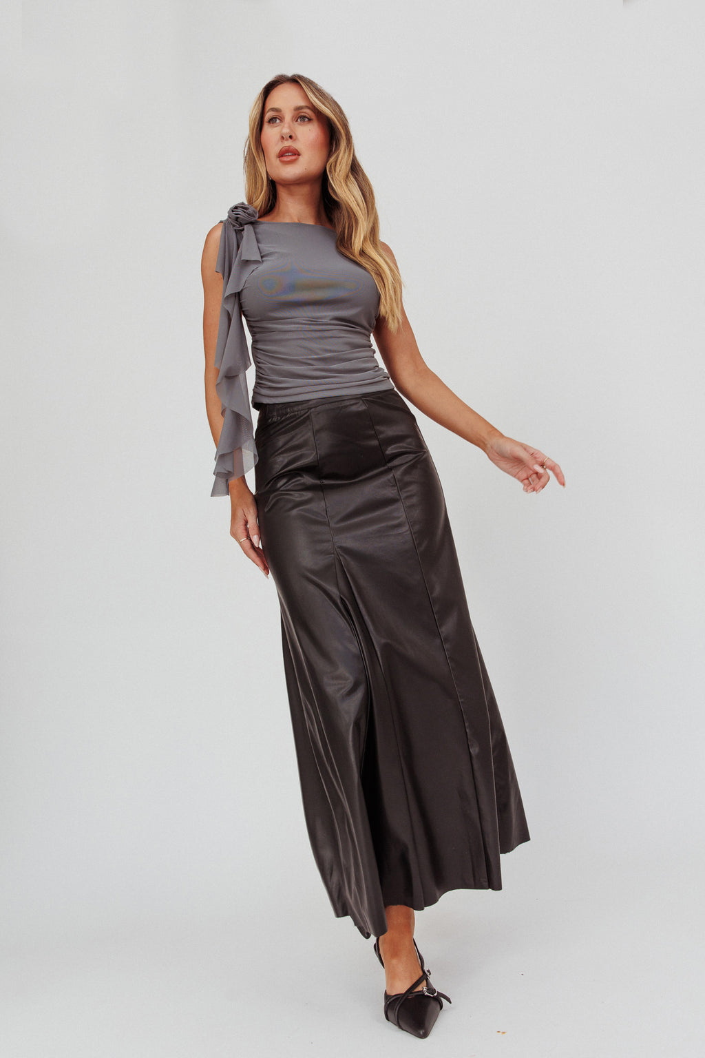 Galaxia A-Line Faux Leather Maxi Skirt Black by Selfie Leslie Australia