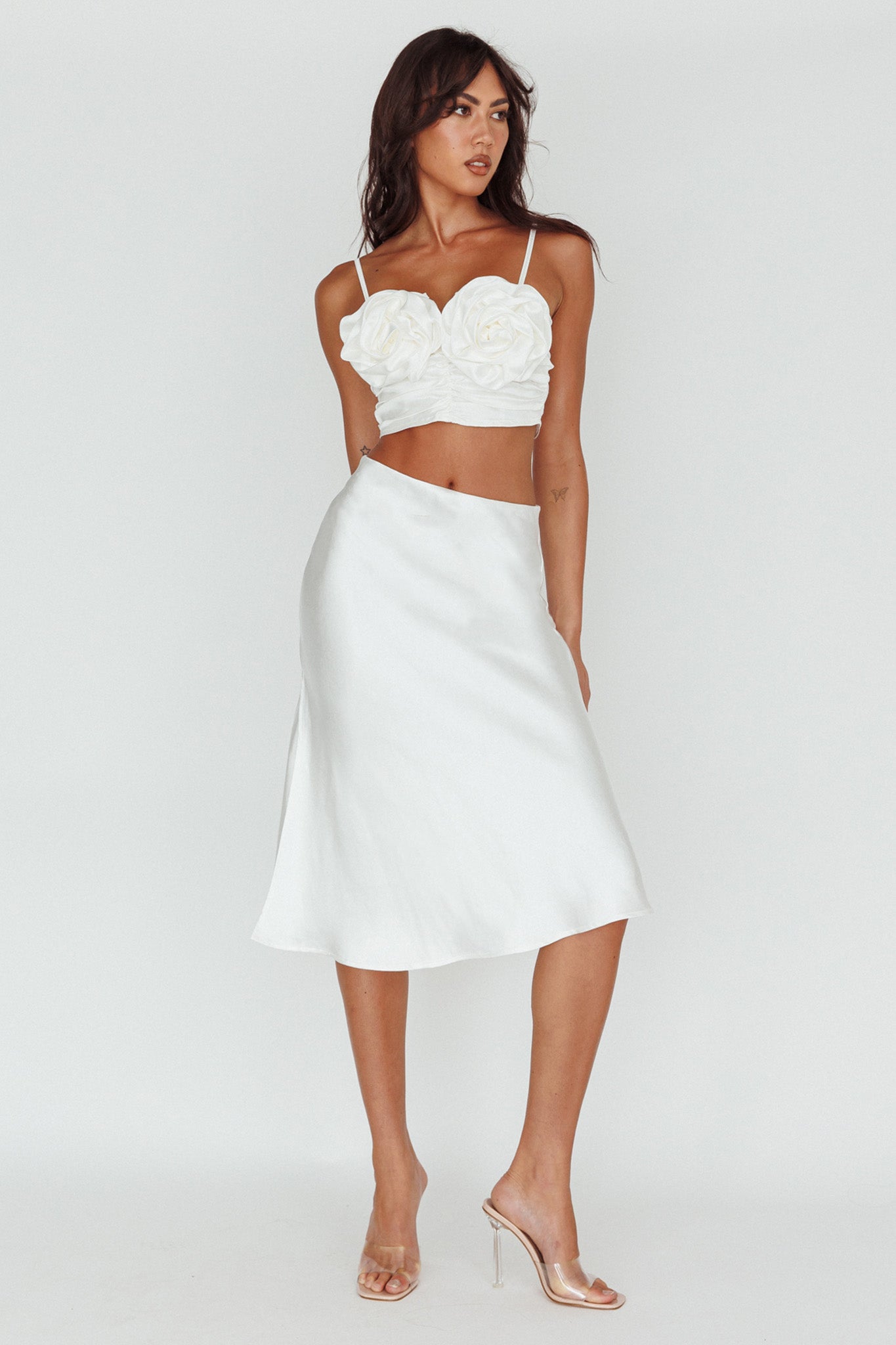Daze Satin Midi Skirt Cream by Selfie Leslie Australia