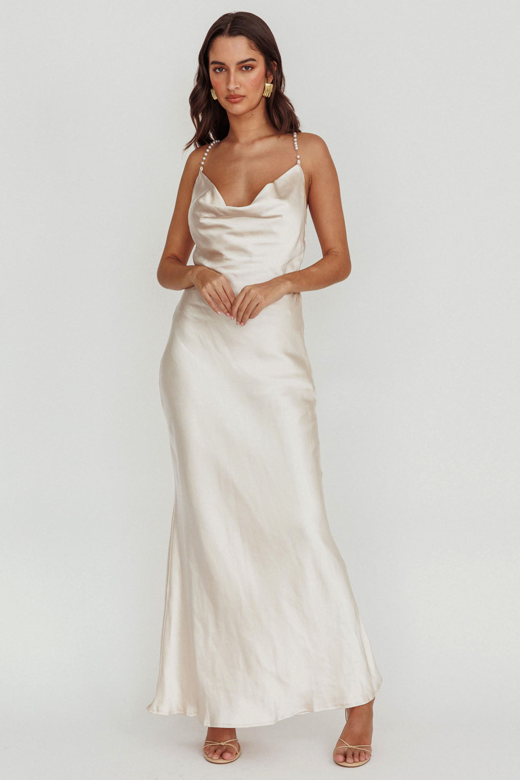 Danijela Cowl Neck Pearl Satin Maxi Dress Champagne by Selfie Leslie Australia
