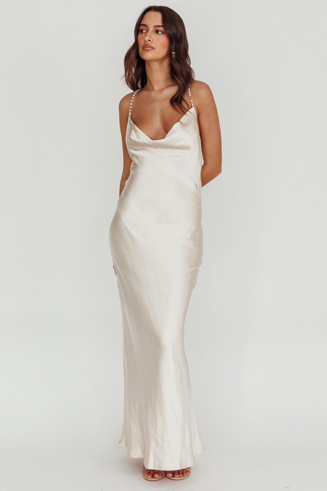 Danijela Cowl Neck Pearl Satin Maxi Dress Champagne | Selfie Leslie Australia Danijela Cowl Neck Pearl Satin Maxi Dress Champagne | Selfie Leslie Australia