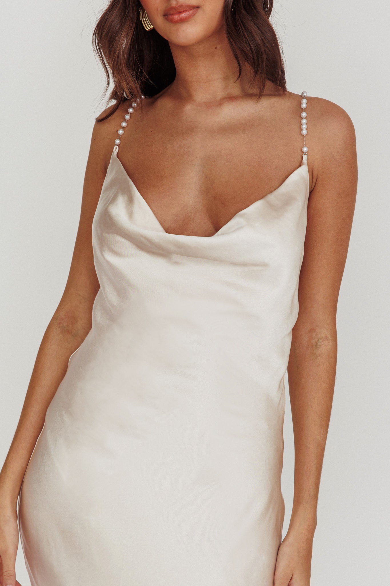 Danijela Cowl Neck Pearl Satin Maxi Dress Champagne by Selfie Leslie Australia