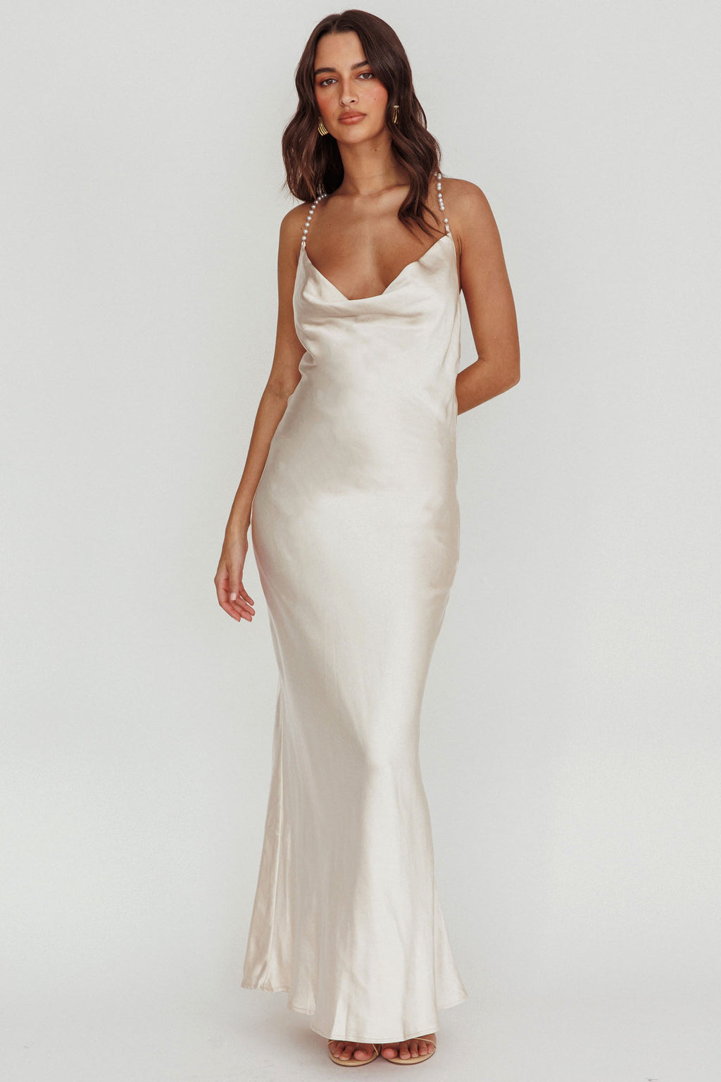 Danijela Cowl Neck Pearl Satin Maxi Dress Champagne by Selfie Leslie Australia