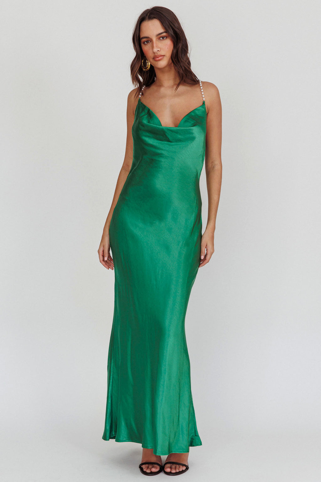 Danijela Cowl Neck Pearl Satin Maxi Dress Emerald by Selfie Leslie Australia